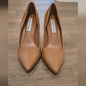 Chelsea & Violet Tan Patent Pointed-Toe Pumps